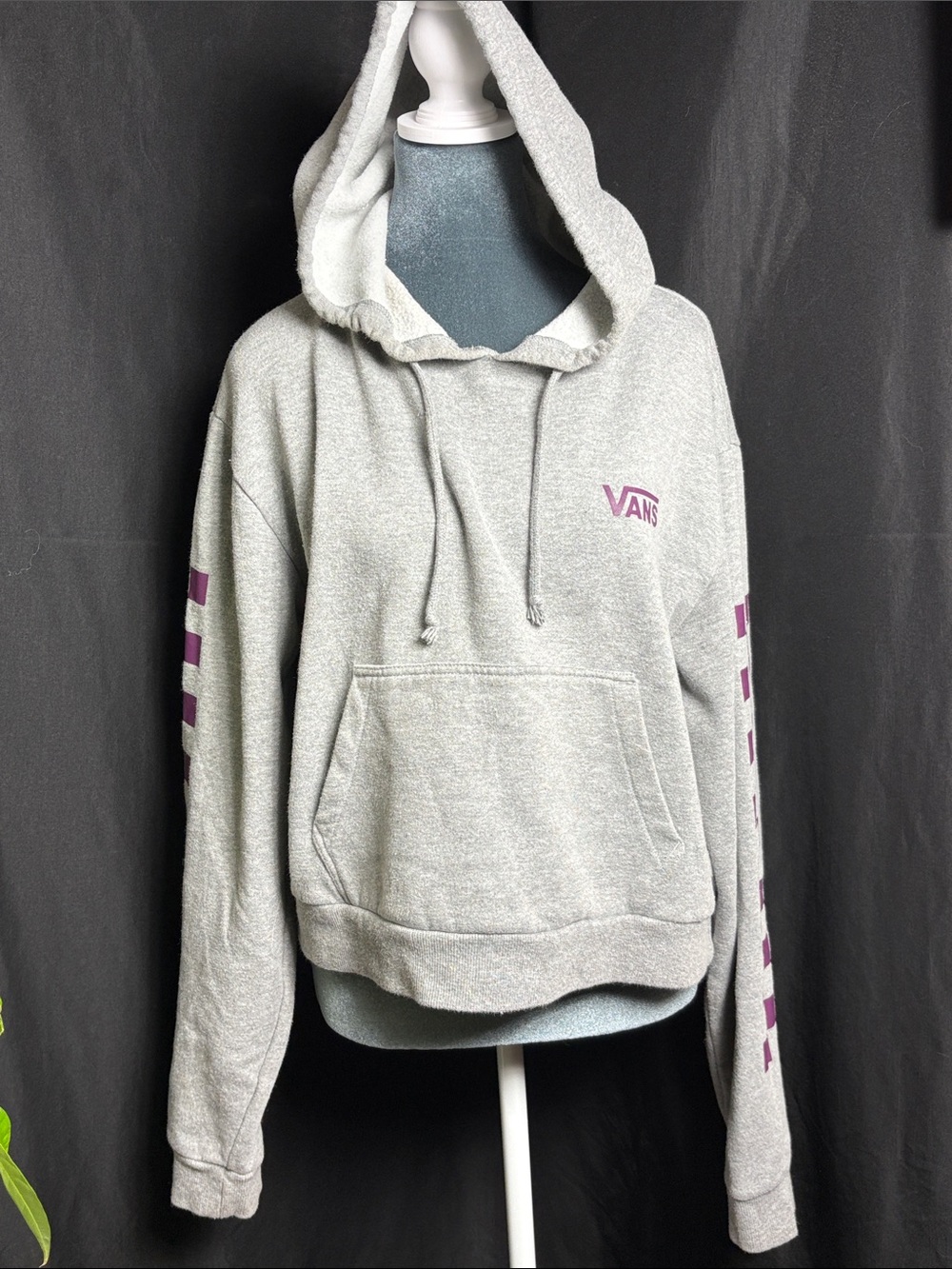 Vans Cropped Gray Purple Checkerboard Sleeve Hoodie Large